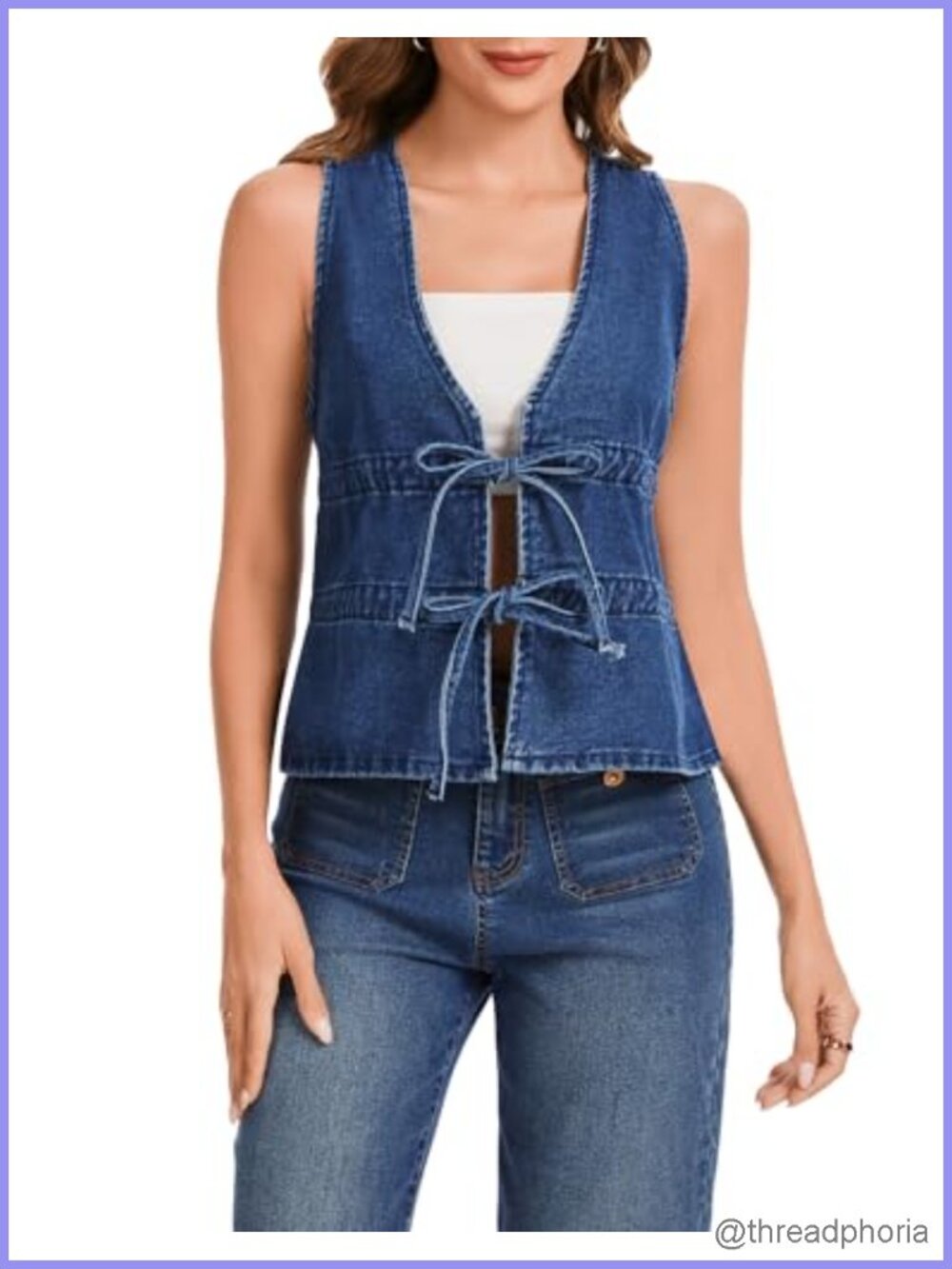 Women's Denim Vest Top Sleeveless V Neck Tie Front Peplum Adjustable Waist